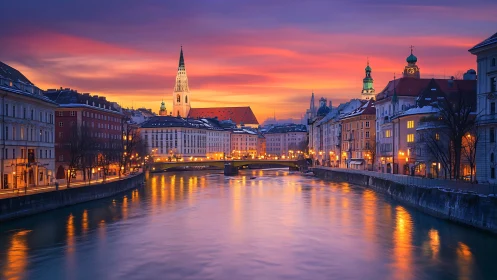 Twilight riverfront city glows beneath vivid sunset sky.