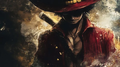 Sword-bearing pirate stands in shadowed, fiery haze