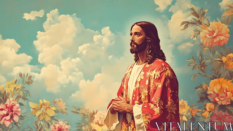 Serene robed figure in floral heaven beneath painted clouds.