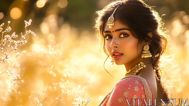 Woman in traditional attire in sunlit field portrait scene.
