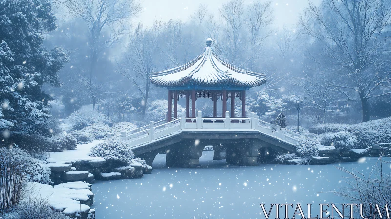 Snow-laden Chinese pavilion over frozen pond in blue haze.