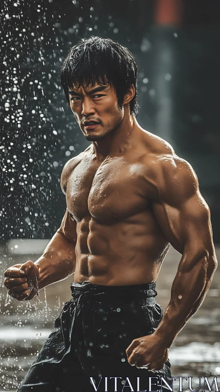 Muscular male martial artist posing shirtless in rainfall.