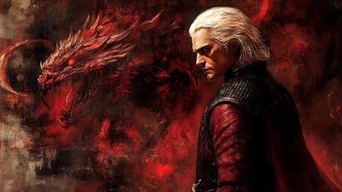 Dragon-lit warrior stands in fiery red inferno of rage.