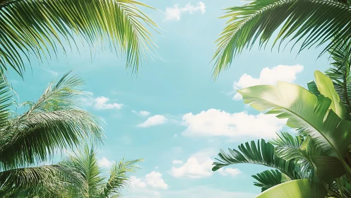 Tropical palm canopy framing serene turquoise sky.
