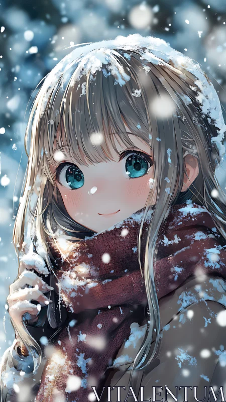 Snowlit blush and teal eyes in a winter-daydream portrait.
