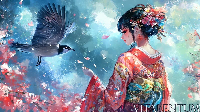 Woman in kimono observing bird among falling petals.