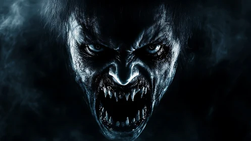 High-contrast nocturnal demon portrait with fanged maw in shadow