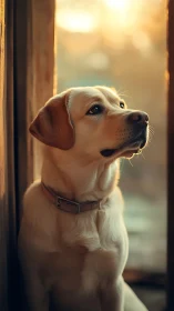 Yellow Labrador dog near window in warm backlight at dusk.