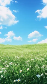 High-resolution spring meadow panorama under clear cumulus sky