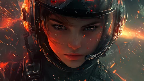 Female sci fi pilot in helmet amid glowing flying sparks.