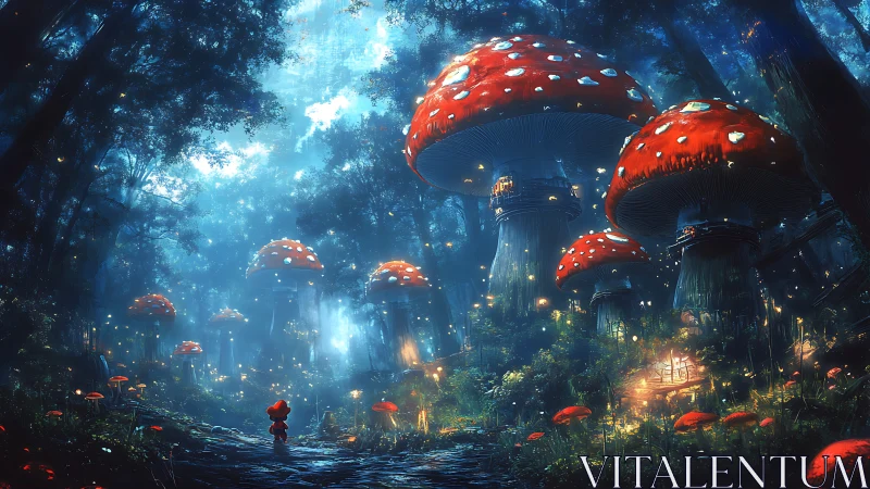 Enchanted forest path under towering glowing red mushrooms.