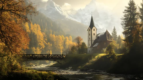 Mountain church rises over autumn river valley at sunrise
