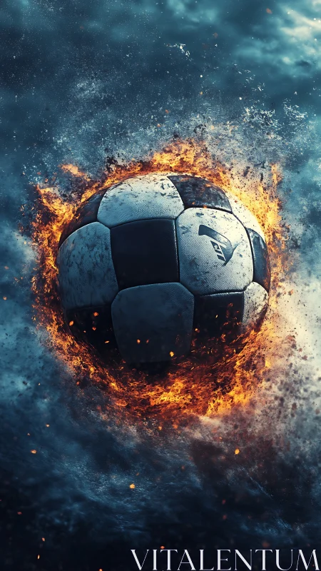 Fiery soccer ball streaks forward through stormy swirling smoke