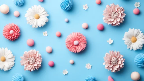 Blooming Garden of Daisies and Decorative Spheres on Blue