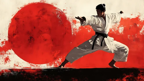 Karate practitioner in zenkutsu dachi before abstract red sun