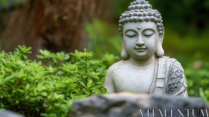 Stone Buddha statue sits among green garden foliage