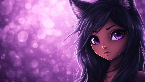 Cat-eared anime girl gazes through a dreamy violet haze