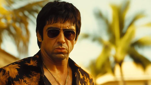 Tough-looking man in sunglasses confronts the tropical heat