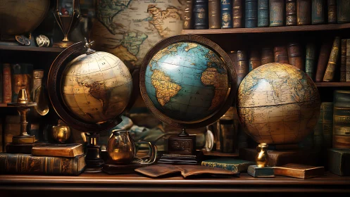 Vintage globes glow warmly in a classic scholar’s library study