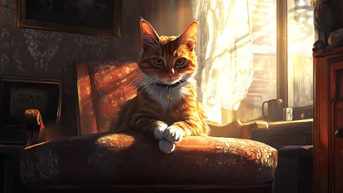 Regal ginger cat in warm window backlight on vintage chair.