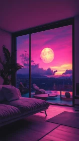Luxe skyline suite with neon magenta lunar horizon view.