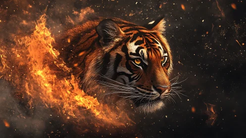 Tiger head rendered in flames against dark background.