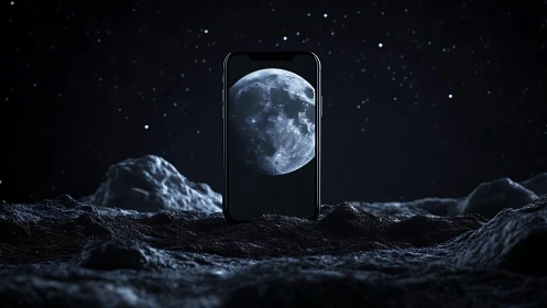 Lunar surface smartphone portal with high-contrast celestial imaging.