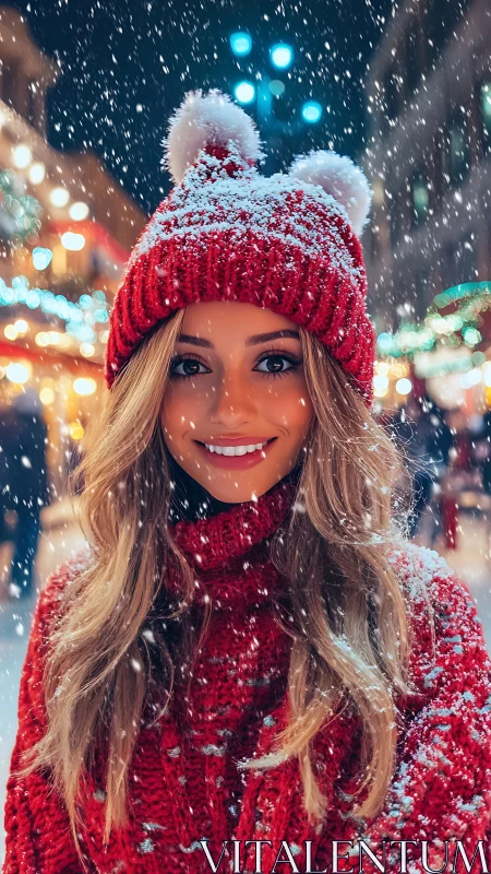Smiling woman in red knitwear embraces a magical snowy night