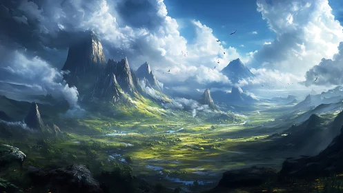 Epic alpine valley with jagged spires under dynamic clouds