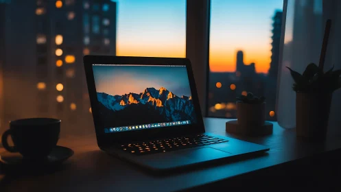 Twilight city hums while the laptop becomes a glowing lookout