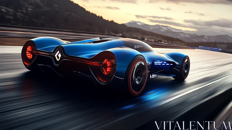 Futuristic blue concept race car accelerates on wet racetrack