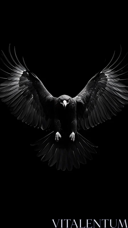 Black bird with extended wings on uniform dark background.