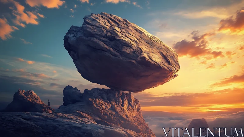 Majestic balanced boulder glows warmly above a dreamy horizon