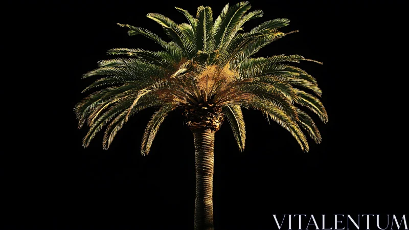 Isolated date palm canopy illuminated by upward artificial lighting