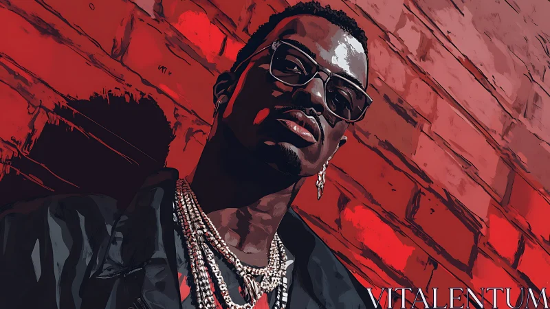 Stylized rapper portrait against bold red brick wall.