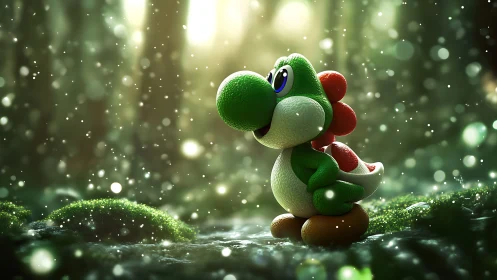 Forest sprite dino soaks in glittering dawn magic light.