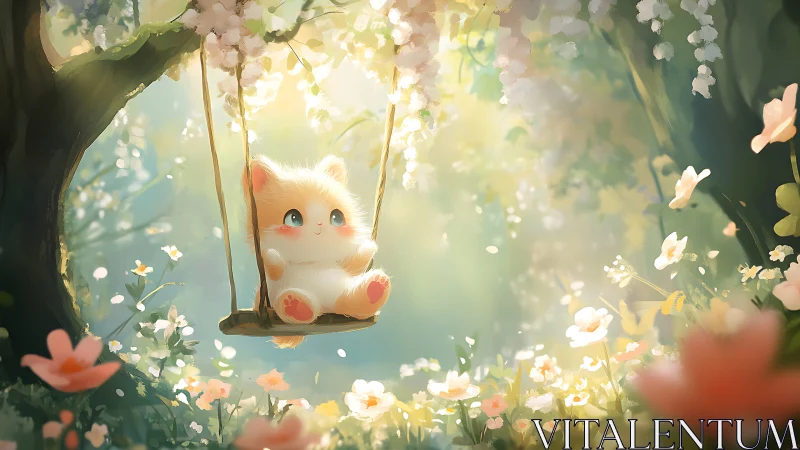 Fluffy kitten on a tree swing in soft floral sunlight.