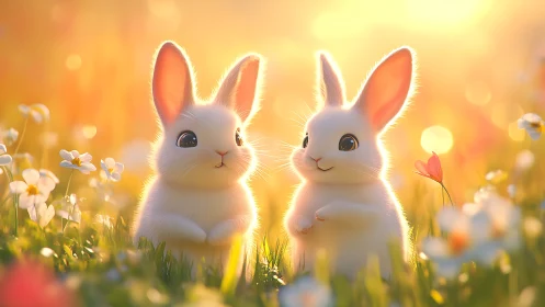 Two stylized white rabbits in sunlit flower meadow scene.