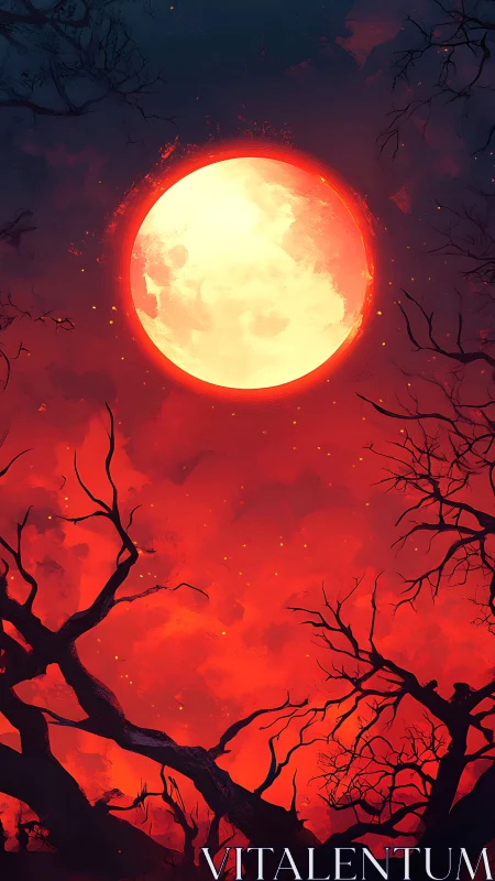 Moonlit ember sky above twisted midnight branches.