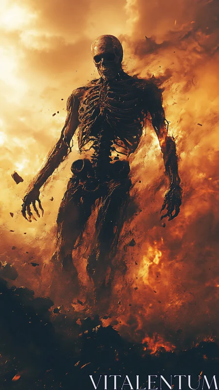 Infernal skeletal titan emerging from swirling firestorm.