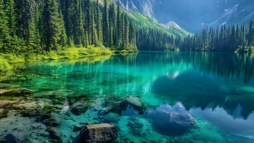 Mountain lake with clear turquoise water and dense forest.