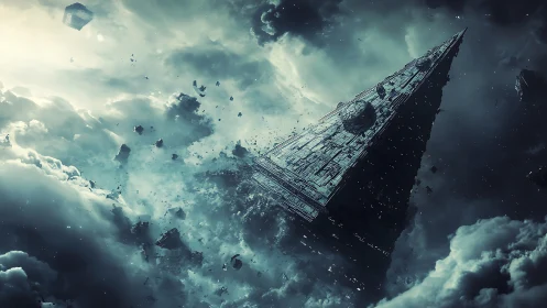 Colossal pyramid starship drifts through fractured nebula sky.