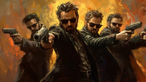 Four armed men in suits with handguns against orange backdrop.