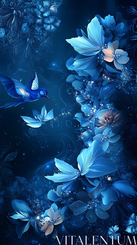Midnight blue garden where hummingbirds and flowers glow.