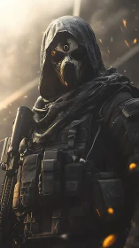 Masked tactical operative stands in burning battlefield haze