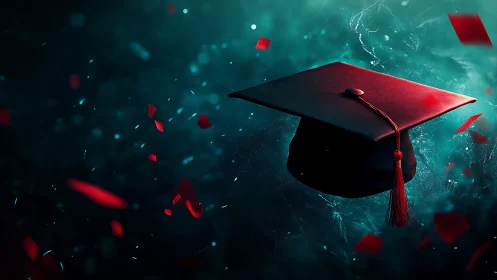 Graduation cap suspended in teal light with red confetti.