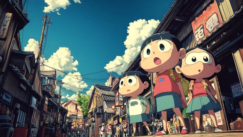 Summer street adventure with three curious cartoon kids.