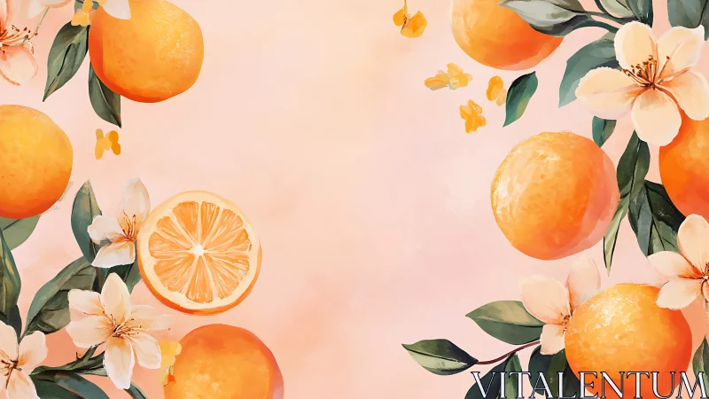 Citrus blossoms frame ripe oranges on soft peach background