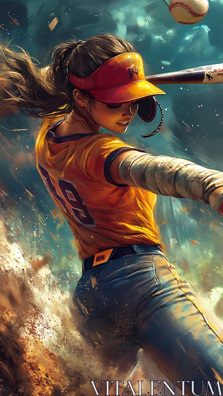 Dynamic softball batter swinging bat in dramatic action scene.
