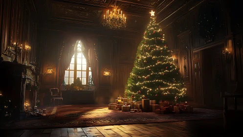 Grand salon illumination with towering Christmas tree display.